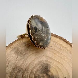 Vintage Statement Poison Ring Natural Agate Locket Ring Gold Tone Adjustable